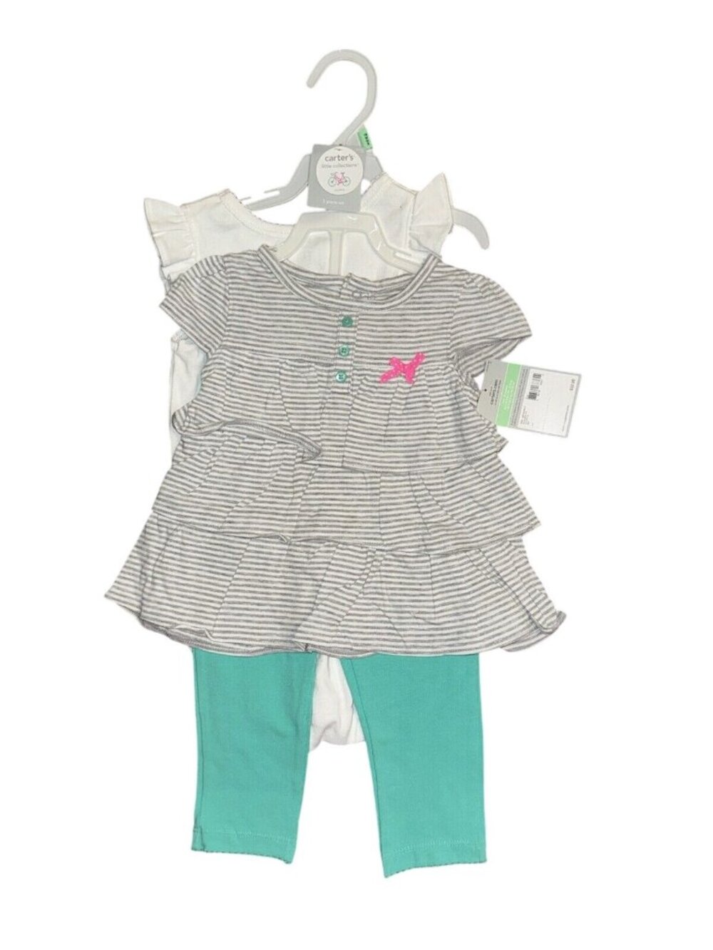 Carters Baby Girls 3-Piece Set Striped Top White Bodysuit & Aqua Leggings 18 Mon
